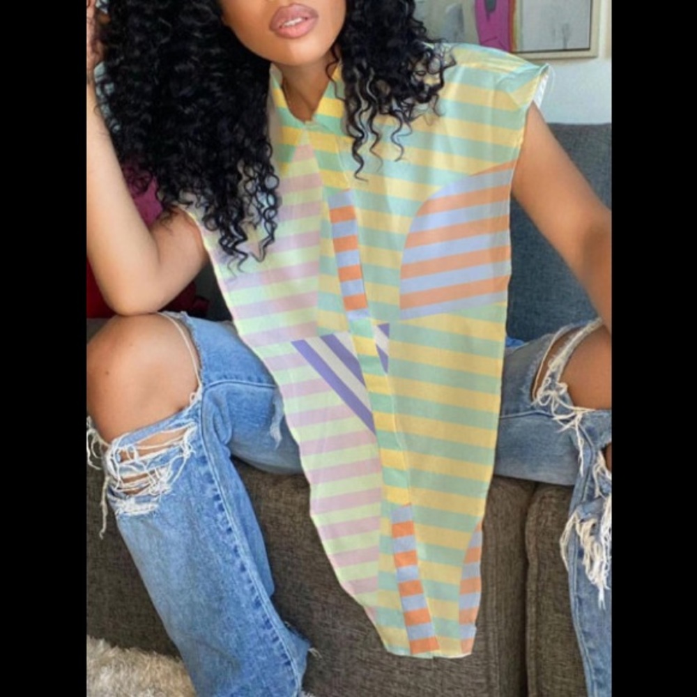 Sexy Stripe Split Open Side Multicolor Collared Dress Up Crop Asymmetrical Shirt